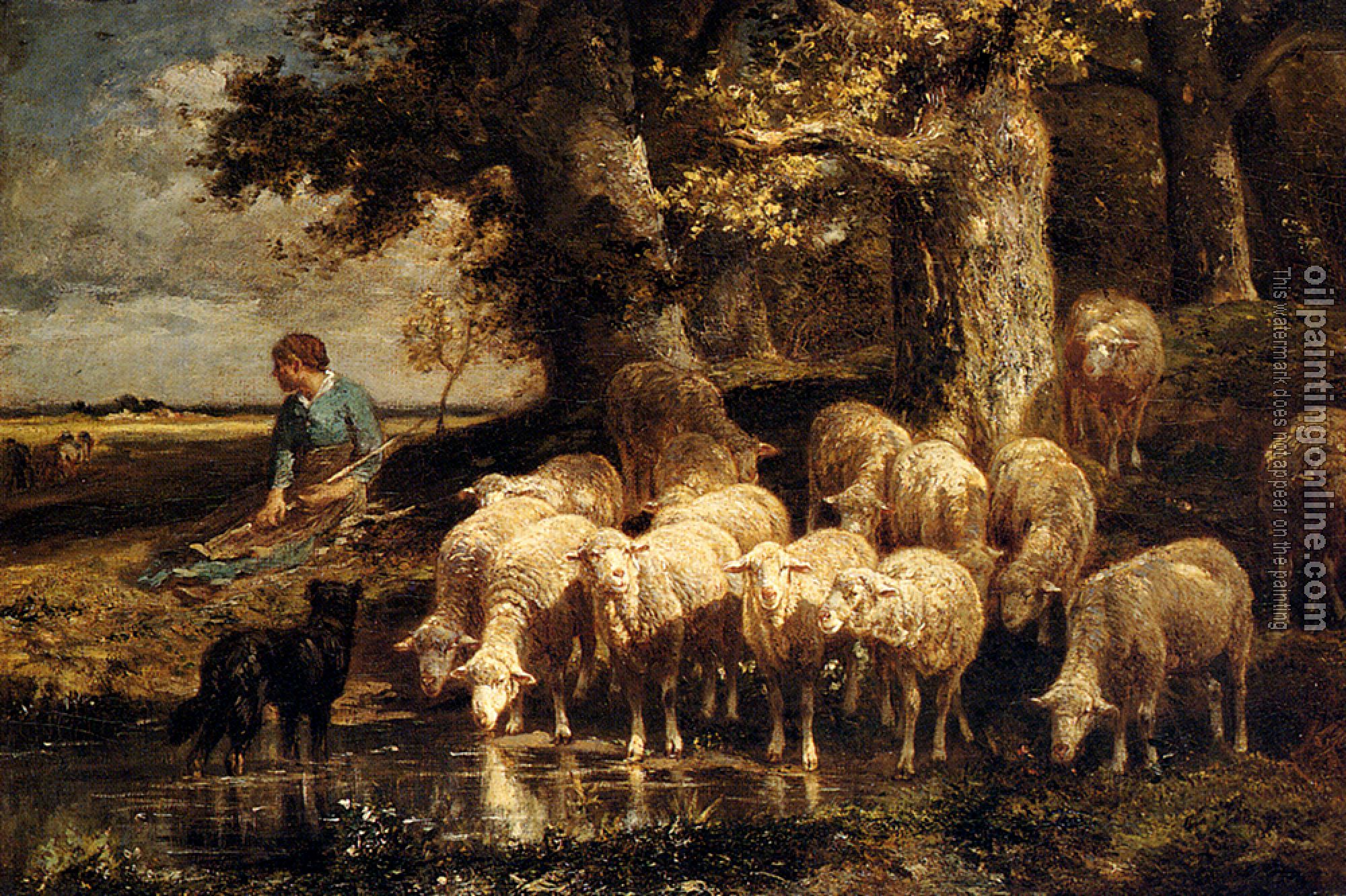 Charles Emile Jacque - A Shepherdess With Her Flock